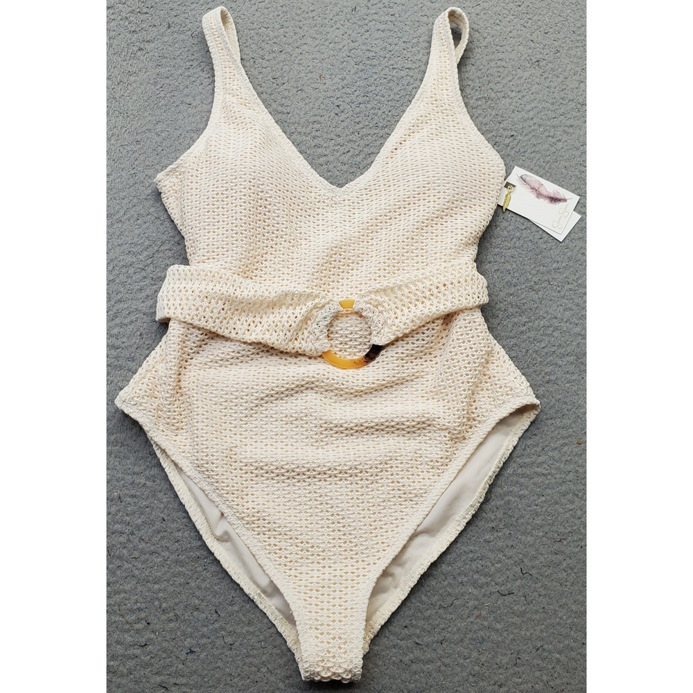 Jessica Simpson Swimwear Swimsuit Womens L Tan Crochet Tortoiseshell Ring Waist